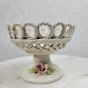 Vintage Capodimonte Pedestal Bowl 4.25" Pink Flower Woven Porcelain Basket